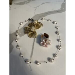 Vtg Lot Carolee Faux Pearl Necklace Ring OS, Butterfly Rhinestone Clip Earrings
